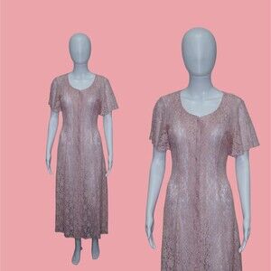 1990s ALL THAT JAZZ Semi Sheer Lace Button Up Dress W/Flutter Sleeves. Small